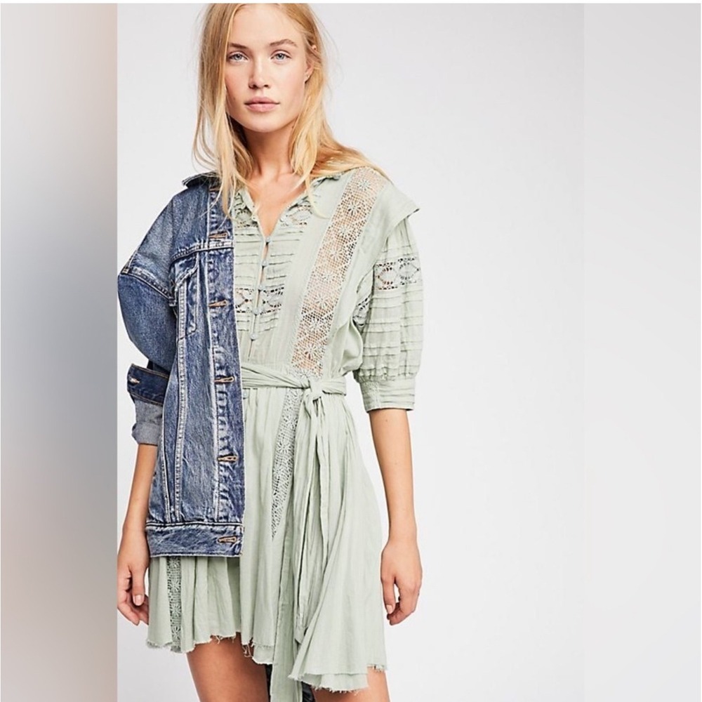 Free People Sydney Mint Green Mini Boho Dress Lace Button Front Balloon Sleeve M - Picture 3 of 10